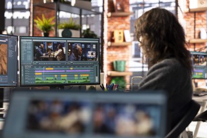 Female filmmaker working on media post production from agency office, ensuring the editing timeline and color correction for a video shoot. Tech driven workspace showcases a digital workflow.